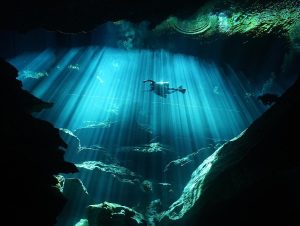 Diver silhouetted against sunbeams in a cenote, creating a dramatic underwater scene.