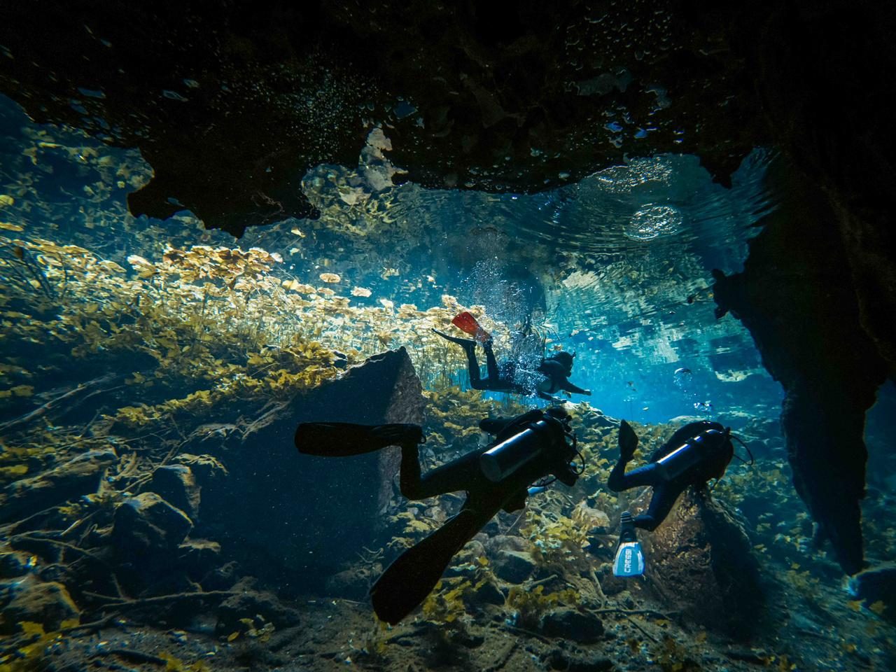 scuba diving Mexico cenote with two divers exploring a cavern